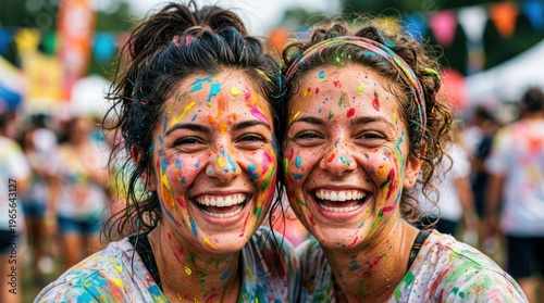Two joyful women covered in colorful powder at outdoor festival