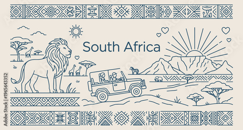 south africa safari travel, wildlife tour jeep illustration, savanna landscape line art, african adventure vacation sketch, tourism destination marketing graphic, wild animal sightseeing doodle, cape 