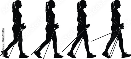 Silhouette of a female hiker performing Nordic walking with trekking poles in different movement stages isolated on a white background