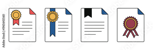 Colorful icons representing certificates with ribbons and seals, showing achievement and recognition.