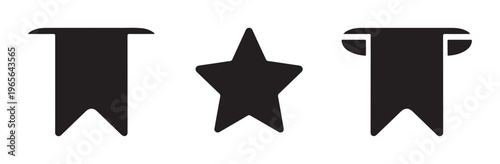 Three solid black icons featuring a bookmark symbol and a star symbol with different ribbon styles.