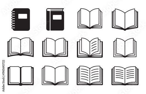 Open book icon set for education and library study featuring various notebook styles and reading paper sheets.