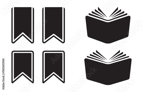 Set of book and bookmark icons with filled and outline variations isolated on white background vector.