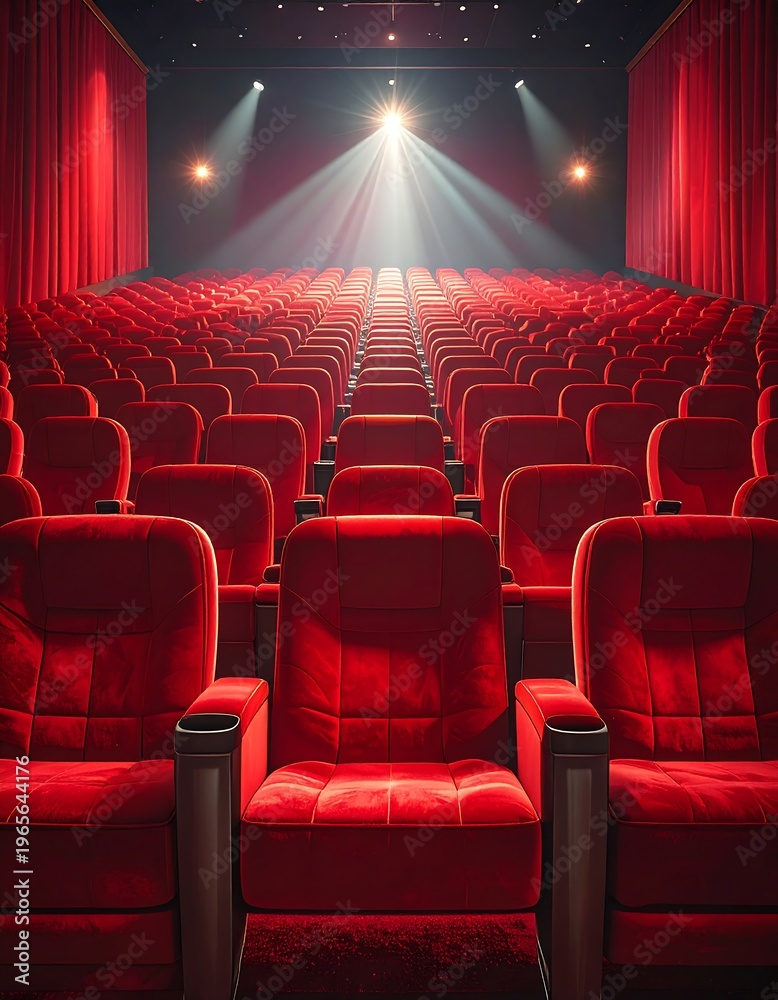 Fototapeta premium Empty theater with red plush seating, spotlight shining center stage