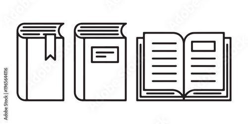 Set of three outline book icons, including one with a bookmark and an open book design isolated on white.