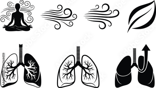 Silhouette Set of Human Lungs and Yoga Meditation Icons Including Fresh Air Swirls and Leaf Symbols for Respiratory Health Concept