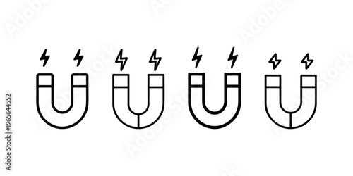 Four horseshoe magnet icons demonstrating magnetic force and attraction, science and physics symbols with energy bolts