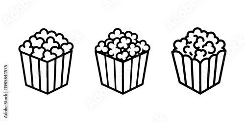 Three popcorn box icons representing snack food for entertainment and cinema viewing, full containers of kernels