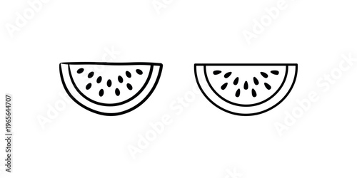 Two stylized line art illustrations of watermelon slices with seeds showing distinct visual elements on white background