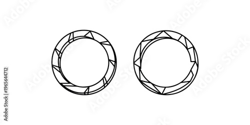 Pair of abstract geometric circular frames with sharp angular segments in a modern artistic outline design on white backdrop