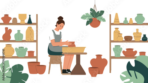 Professional ceramist working in studio, woman sculpting clay on pottery wheel, handmade ceramic process, creative hobby craft, vector cartoon illustration