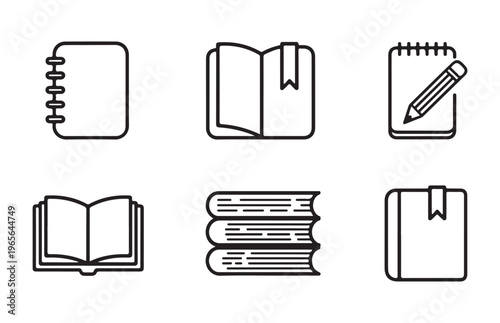 Set of six notebook and book icons featuring outlines of school supplies for education and learning concept.