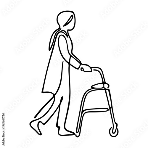 Dibujo sencillo con una única línea de una mujer usando un andador de movilidad para los desplazamientos diarios