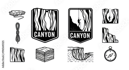 Black and White Line Art Icons of Canyon Adventure and Exploration