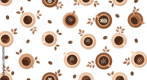 Seamless pattern of coffee cups with beans, flat design vector illustration