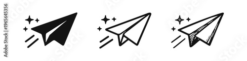 Set of paper airplane icons with sparkle trails, indicating sending or new concept.