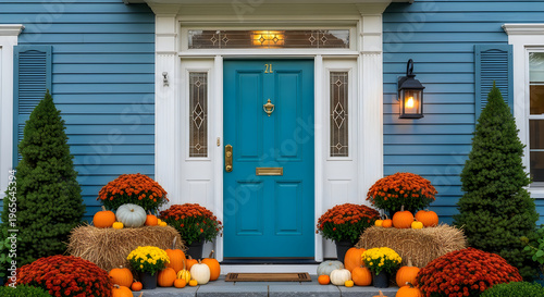 Cozy blue house with autumnal decorations and pumpkins