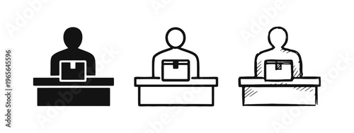 Customer receiving package at counter icon set. Delivery, pickup point, or logistics concept.