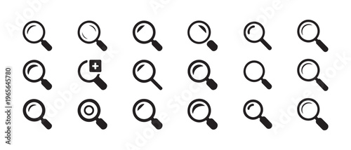 Collection of magnifying glass icons in various styles for search analytics and information discovery