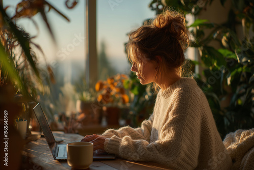 Young professional woman working on laptop in cozy setting.