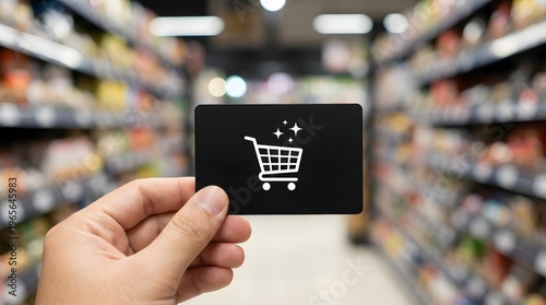 Hand holding shopping cart icon card in supermarket aisle, online and offline retail concept, digital shopping experience, e commerce symbol, consumer behavior and purchase concept