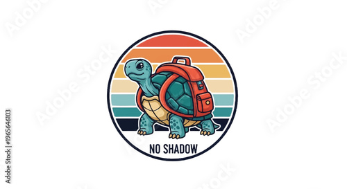 Cartoon turtle with backpack in retro circle design