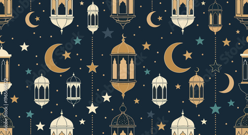 Islamic Ramadan Lanterns and Crescent Moon Seamless Pattern Flat Design