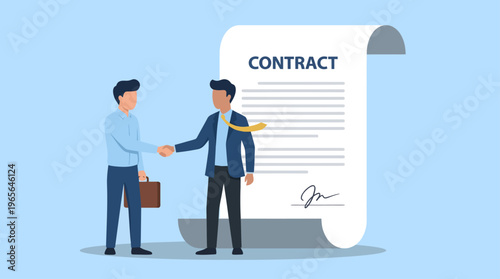 Two professional businessmen confidently shake hands in front of a massive, legally binding contract document to finalize their corporate partnership, symbolizing mutual trust and a successful treaty