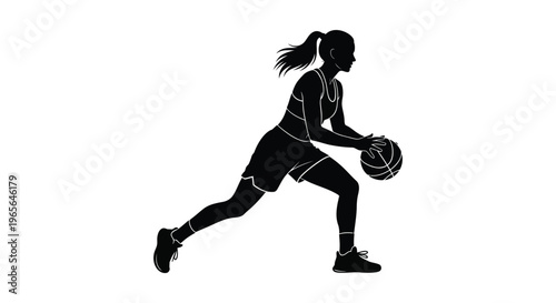 Female basketball player in action dribbling a ball with her right hand and ponytail flowing
