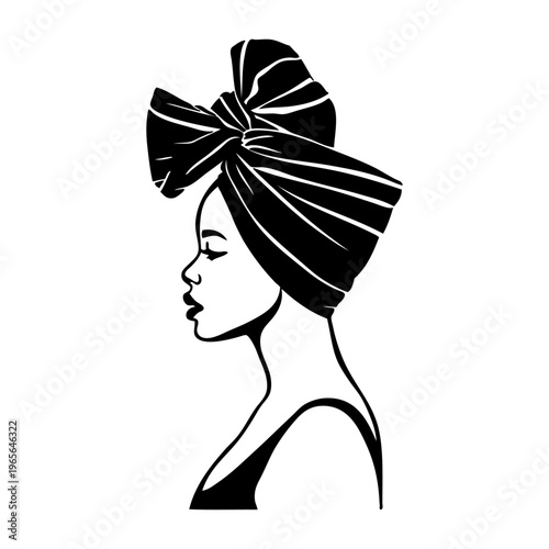Logotipo boutique de moda. Dibujo de una mujer negra africana con un pañuelo en la cabeza, de perfil 