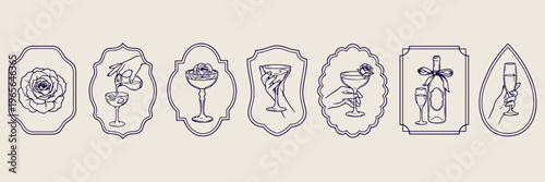 luxury cocktail drink frames set, elegant martini glass line art, bar menu decorative borders, sophisticated nightlife aesthetic graphics, hand drawn beverage branding elements, upscale lounge invitat