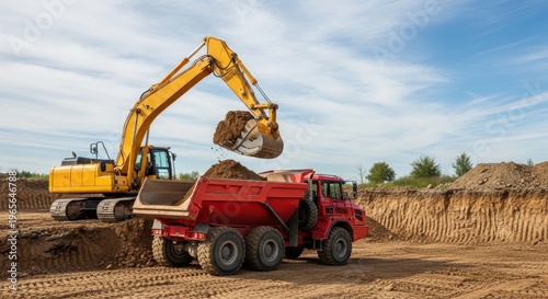 Heavy machinery loading dirt into a dump truck at a construction site