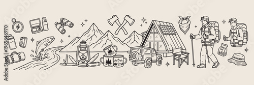 mountain cabin wilderness adventure art, off road vehicle and hiking, forest camping line art illustration, outdoor lifestyle aesthetic sketches, axe and log cabin vector art, rocky mountains nature l