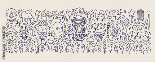 urban street art graffiti doodles, spray paint can line art, underground hip hop aesthetic sketches, rebellious culture vector graphics, hand drawn city lifestyle elements, modern youth subculture cli