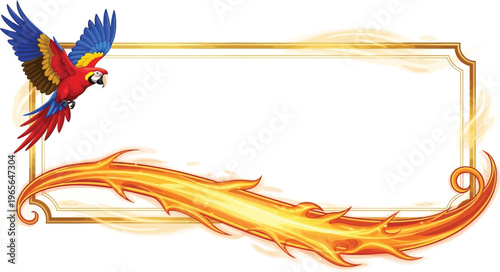 A vibrant parrot flies over a golden frame with flames on a white background