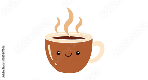 Cute coffee cup, steaming hot drink, cartoon mug, smiling face
