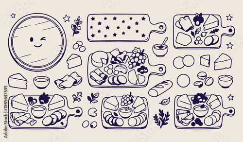 charcuterie board food art, cheese and meat platter, appetizer snack line art, gourmet catering vector sketch, wine and cheese party, restaurant menu illustration, rustic cutting board drawing
