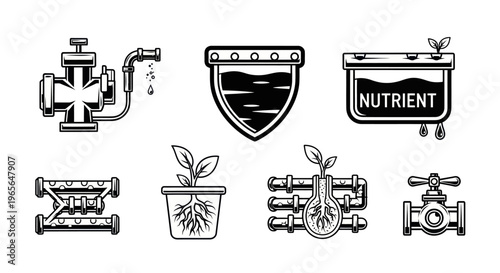 Hydroponic Farming Icons: Pump, Reservoir, Plant, Pipes, Valve - Line Art