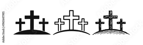 Hill of crosses icon set. Christian crucifixion and remembrance symbol.