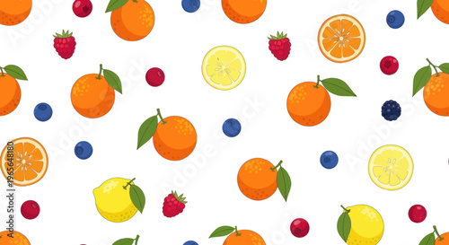 Vibrant Fruit Pattern: Oranges, Lemons, Berries, Flat Style