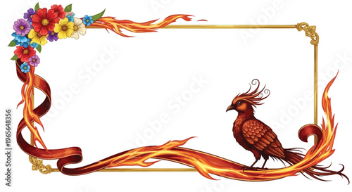A vibrant phoenix bird surrounded by flames and flowers in a golden frame