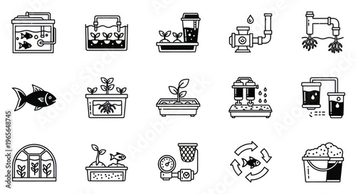 Hydroponics and Aquaponics Icons: Line Art for Sustainable Farming