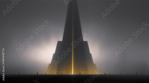 Massive alien megastructure, obelisk on planet, dark fantasy, tall super-skyscraper made of stone, glowing yellow remnants, marble structure, film grain, film noise, grainy dark fa