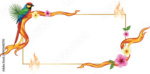 A vibrant parrot perches on a colorful floral frame with flames and flowers.