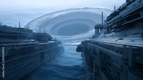  a massive futuristic research facility built on the edge of a vast ocean vortex. The architecture is immense, made of steel, glass, and conc