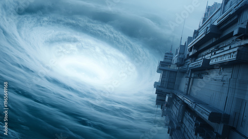 a massive futuristic research facility built on the edge of a vast ocean vortex. The architecture is immense, made of steel, glass, and conc