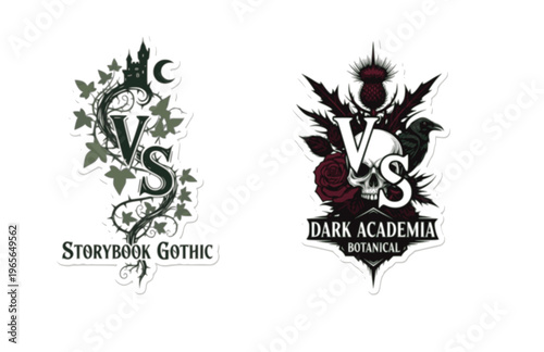 Storybook Gothic VS Versus Logo Silhouette Sticker, Dark Academia Botanical Vector, Edgy Alternative Branding Illustration