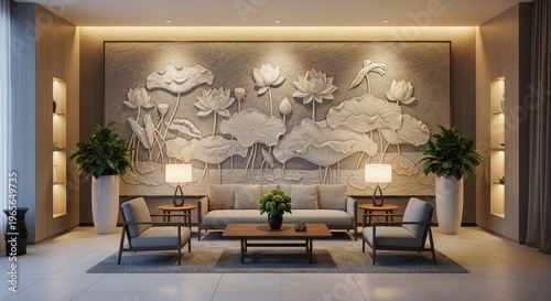 Elegant living room interior with floral wall art and modern furniture