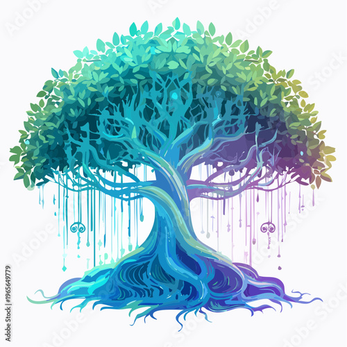 Enchanting mystical tree with vibrant bioluminescent roots and cascading branches