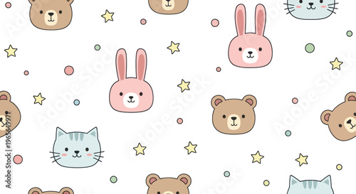Cute Kawaii Cartoon Animals Seamless Pattern, Baby Background